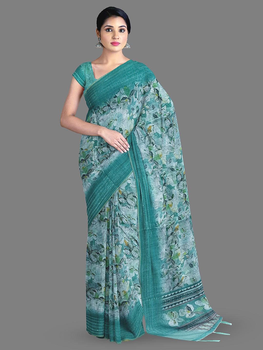 

The Chennai Silks Floral Printed Pure Cotton Chanderi Saree, Green