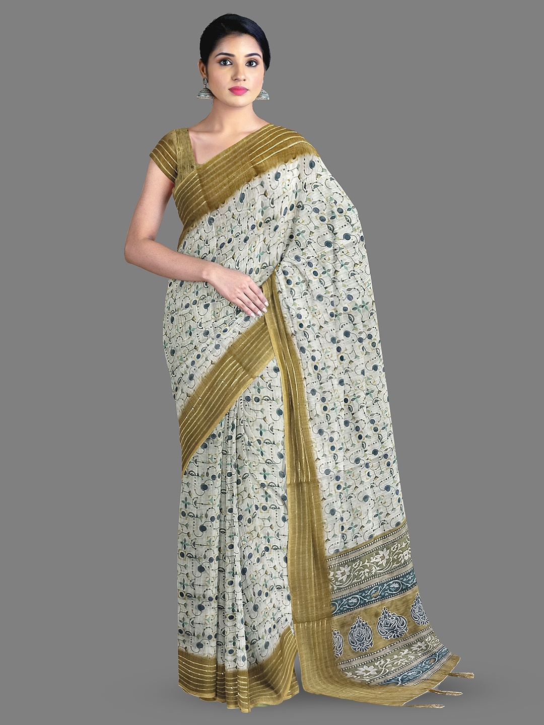 

The Chennai Silks Ethnic Motifs Printed Pure Cotton Chanderi Saree, Beige