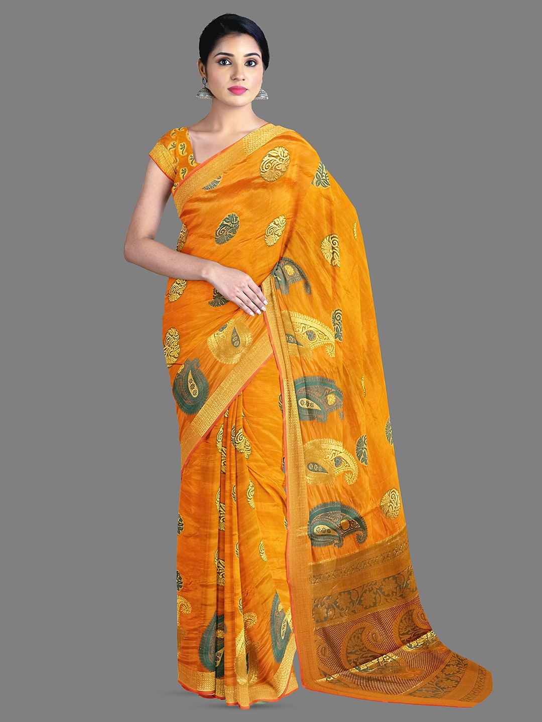 

The Chennai Silks Ethnic Motifs Woven Design Zari Jute Cotton Saree, Orange