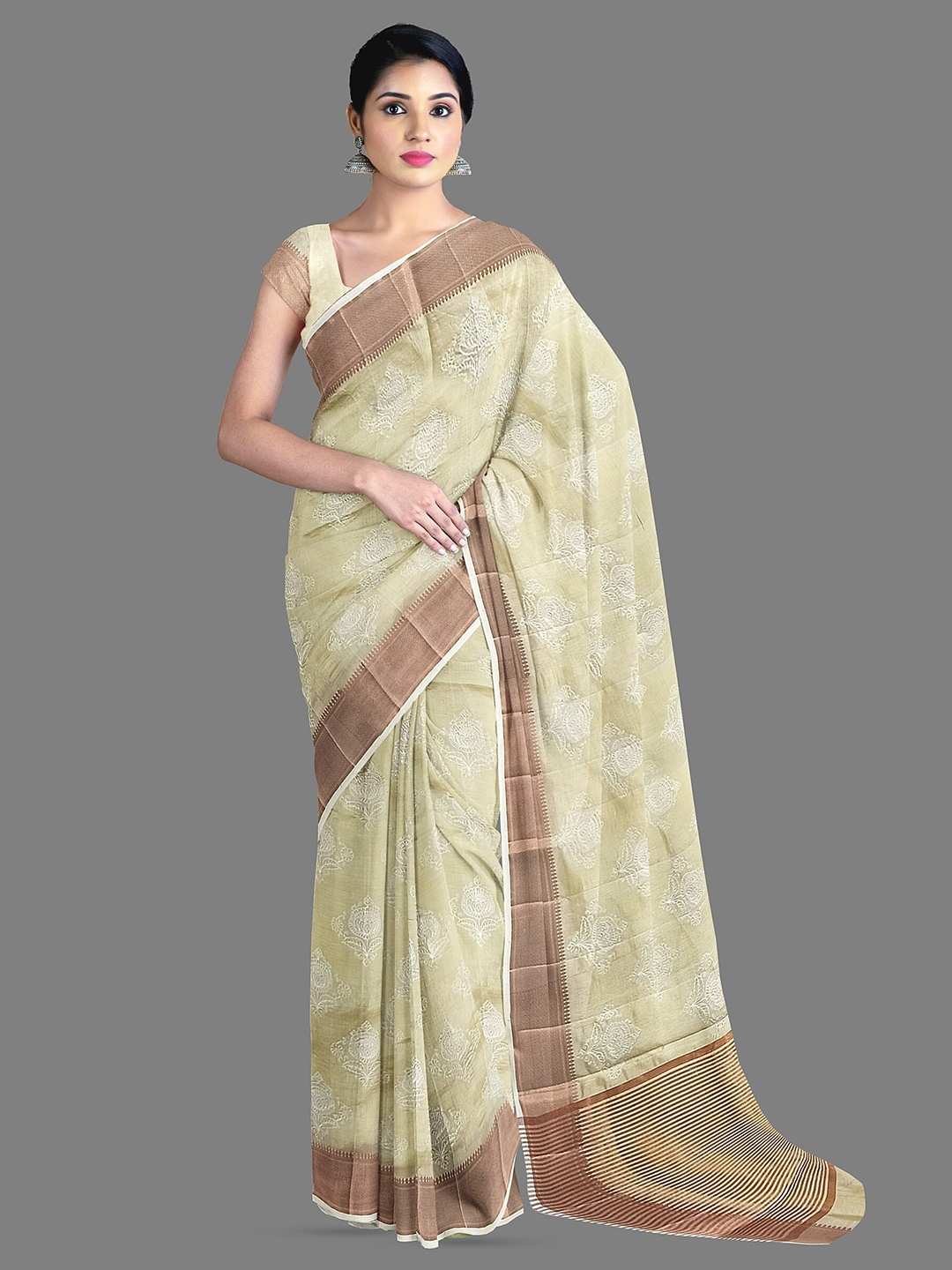 

The Chennai Silks Ethnic Motifs Embroidered Jute Cotton Saree, Beige