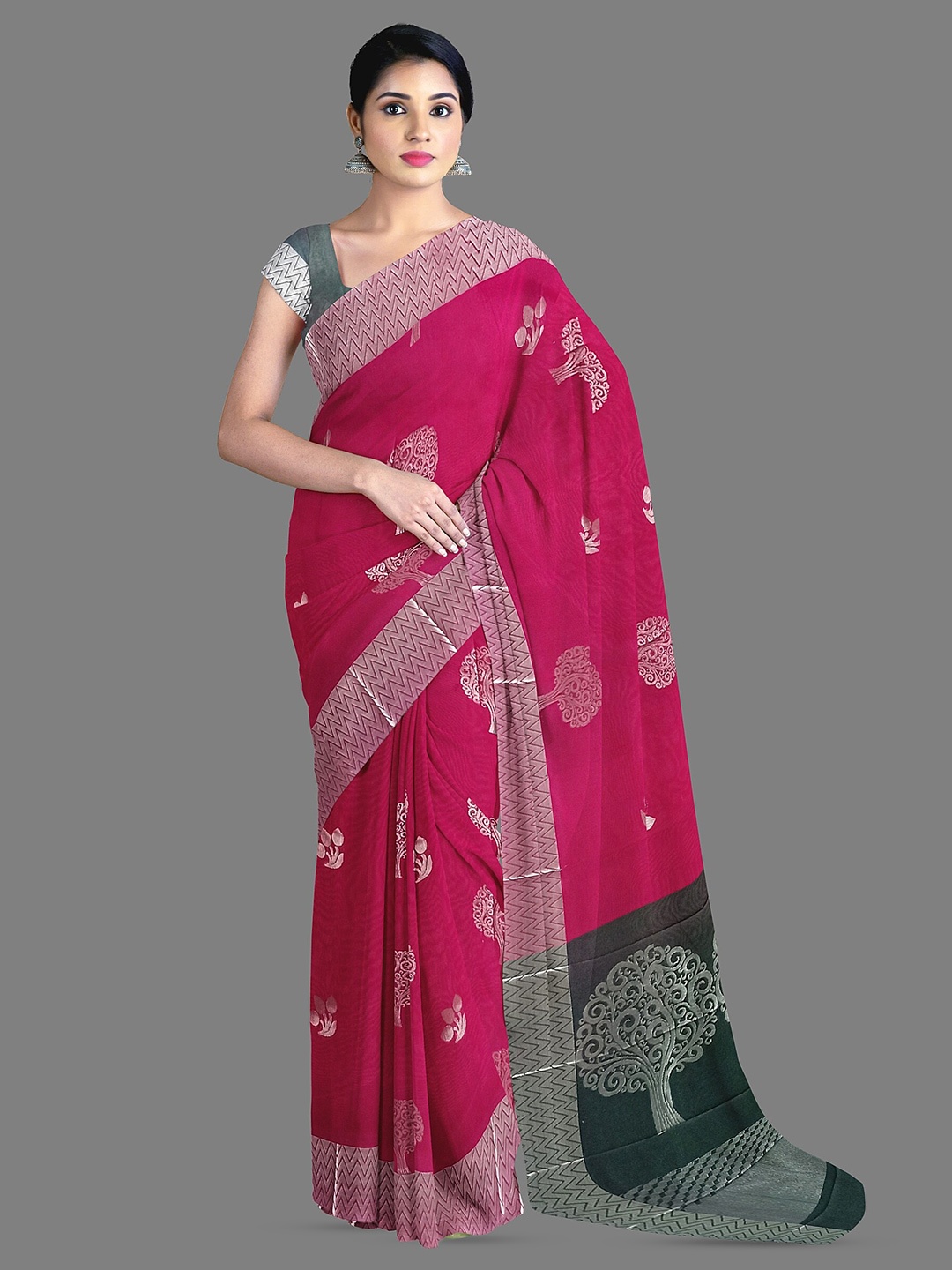 

The Chennai Silks Ethnic Motifs Woven Design Zari Silk Cotton Maheshwari Saree, Pink