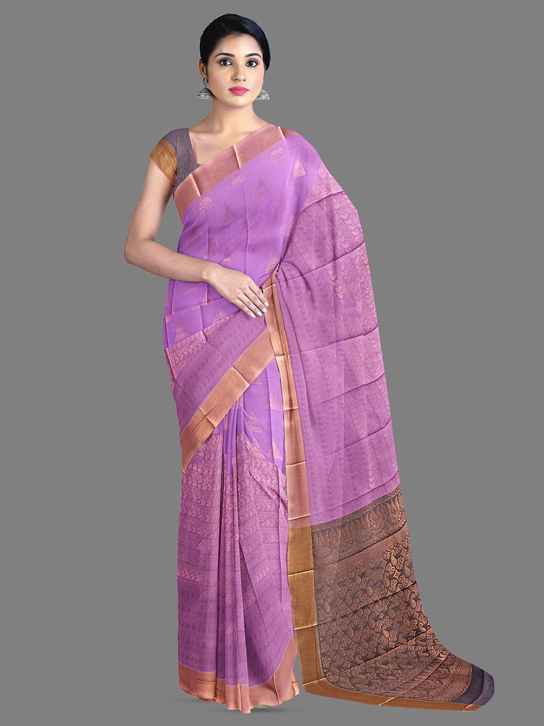 

The Chennai Silks Floral Woven Design Zari Silk Cotton Maheshwari Saree, Lavender