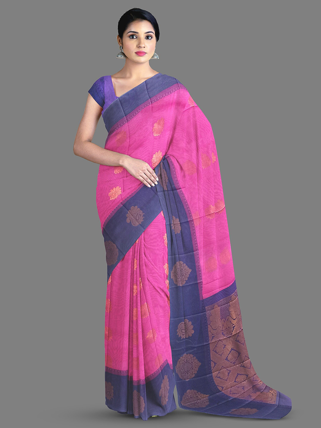 

The Chennai Silks Ethnic Motifs Woven Design Zari Silk Cotton Maheshwari Saree, Pink