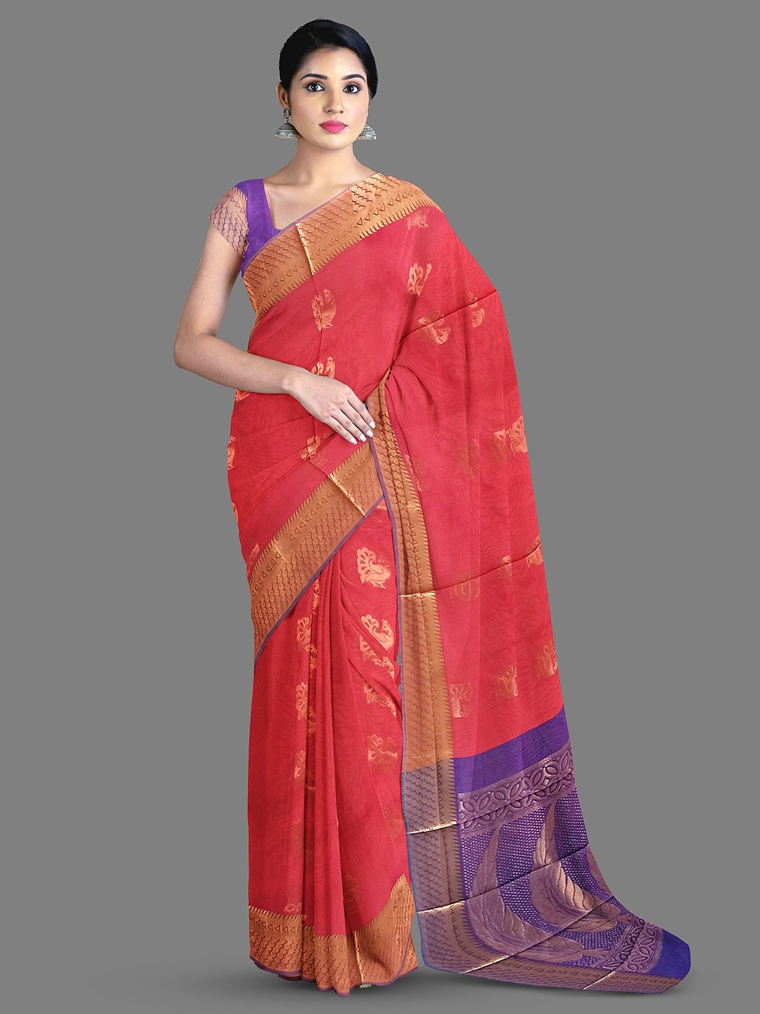 

The Chennai Silks Ethnic Motifs Printed Zari Silk Cotton Maheshwari Saree, Red