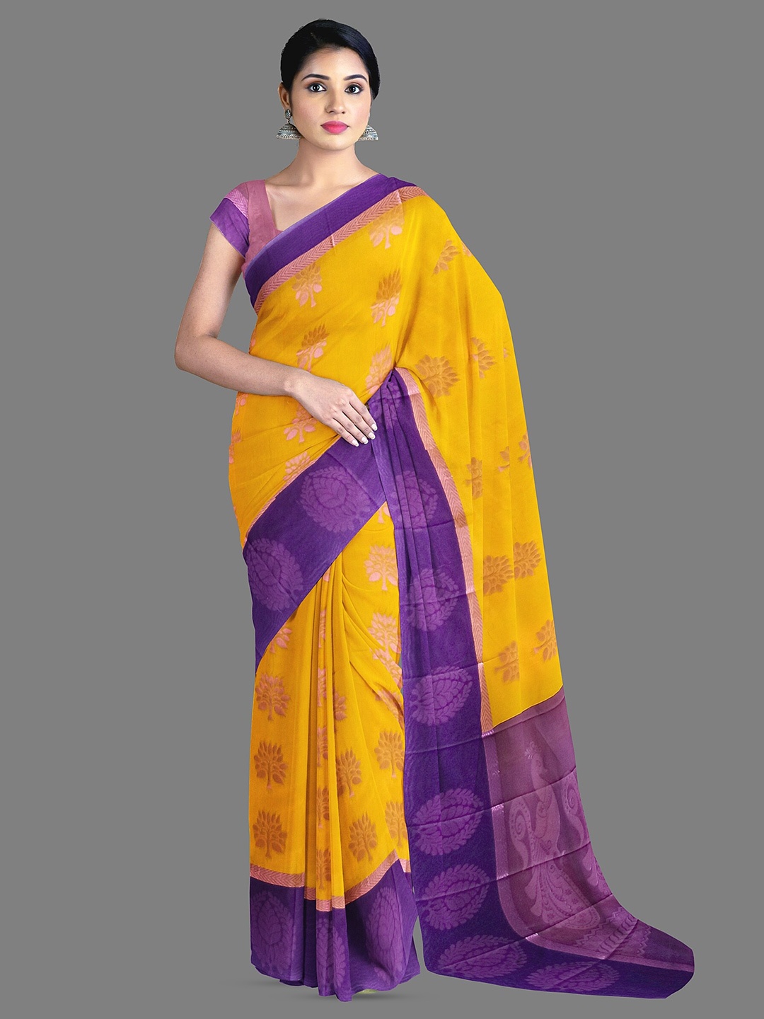 

The Chennai Silks Ethnic Motifs Zari Silk Cotton Maheshwari Saree, Yellow