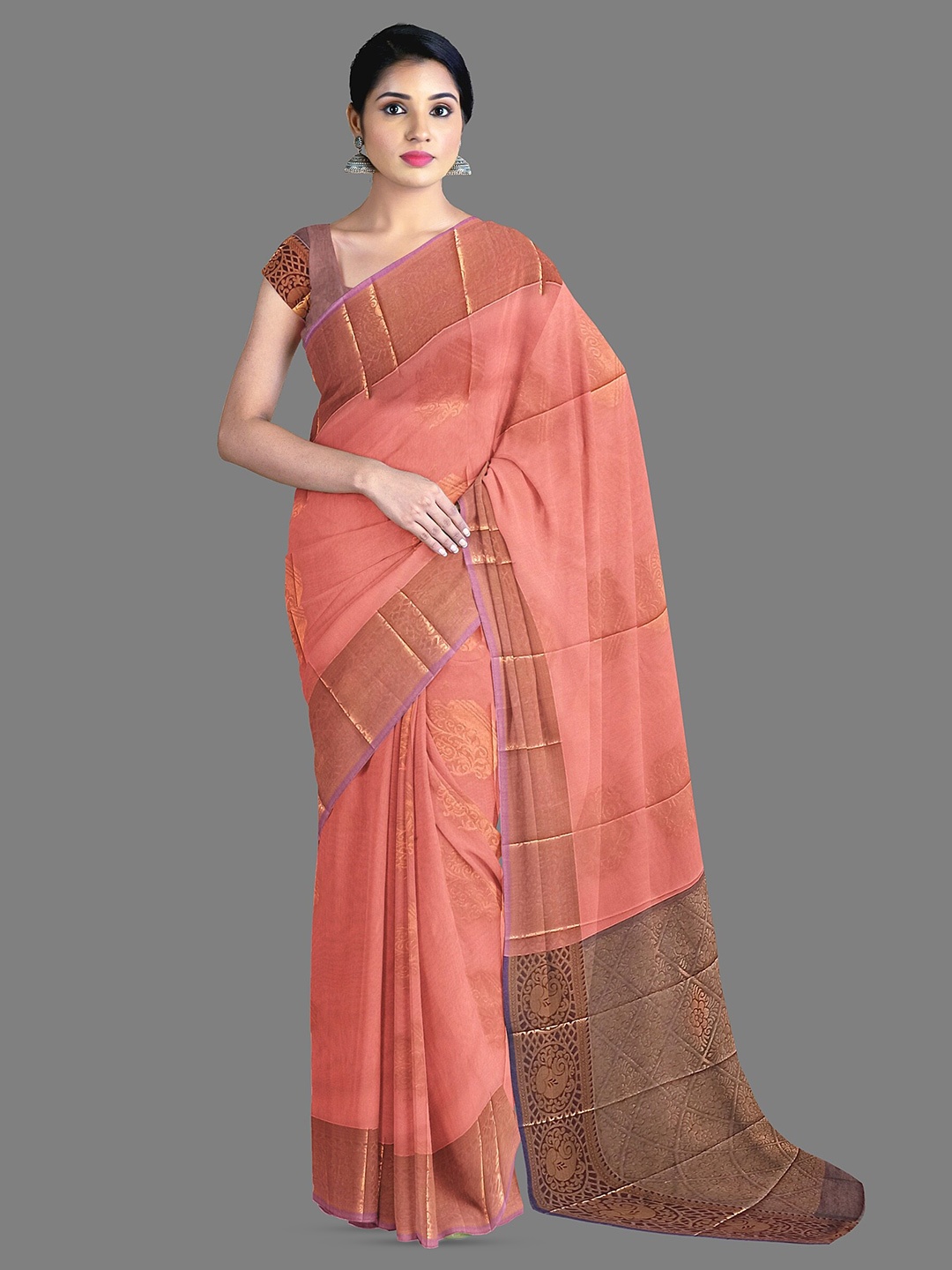 

The Chennai Silks Ethnic Motifs Woven Design Zari Silk Cotton Maheshwari Saree, Peach