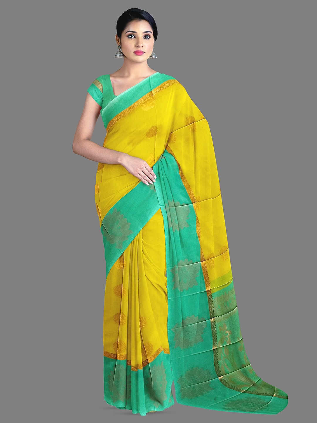 

The Chennai Silks Ethnic Motifs Woven Design Zari Silk Cotton Maheshwari Saree, Yellow