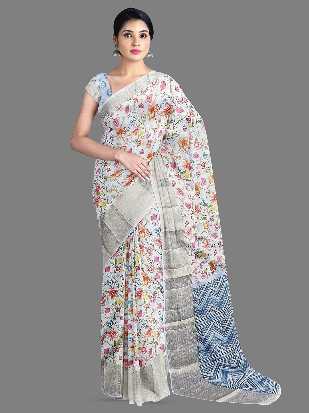 

The Chennai Silks Floral Printed Zari Saree, Blue