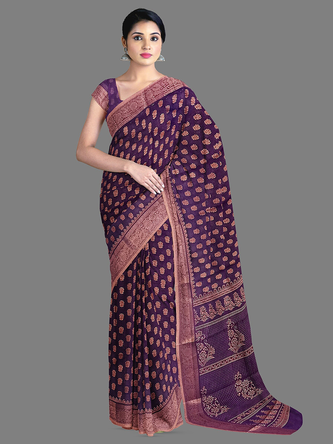 

The Chennai Silks Purple Floral Printed Zari Chanderi Saree