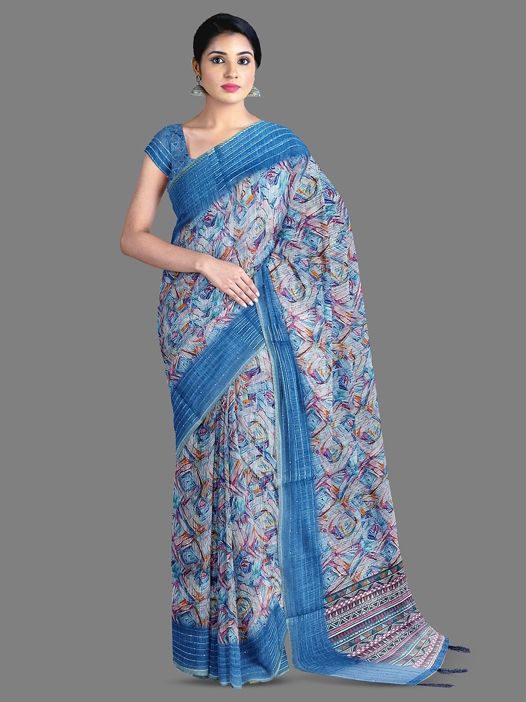 

The Chennai Silks Abstract Printed Pure Cotton Chanderi Saree, Blue
