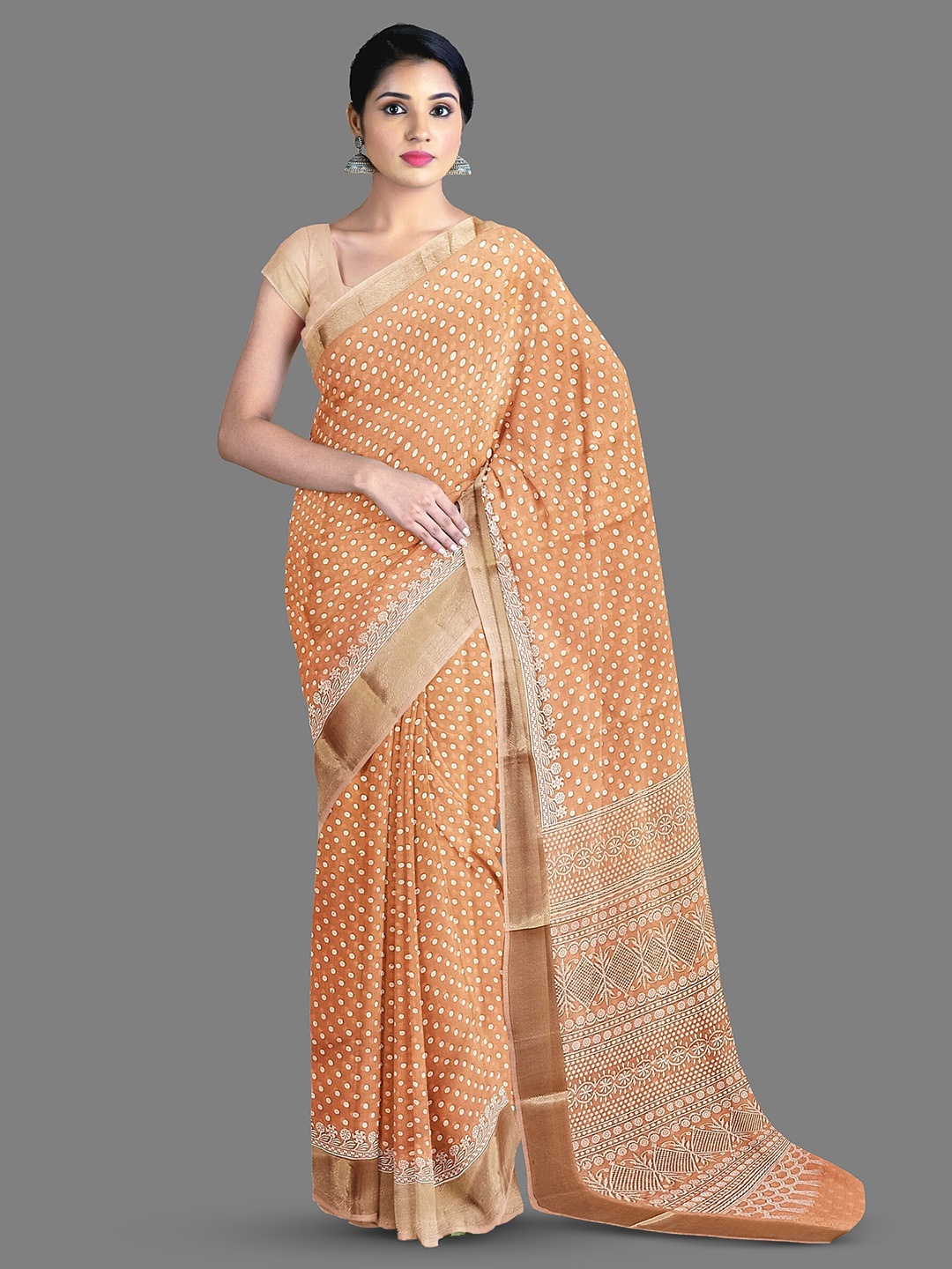 

The Chennai Silks Polka Dots Printed Zari Pure Cotton Kanjeevaram Saree, Orange