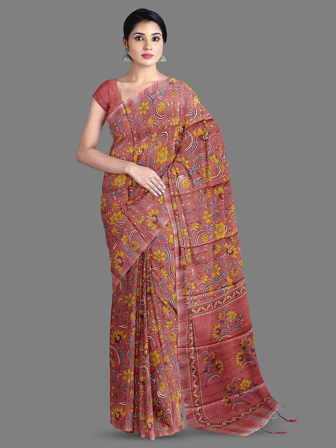 

The Chennai Silks Floral Printed Silk Blend Saree, Coral