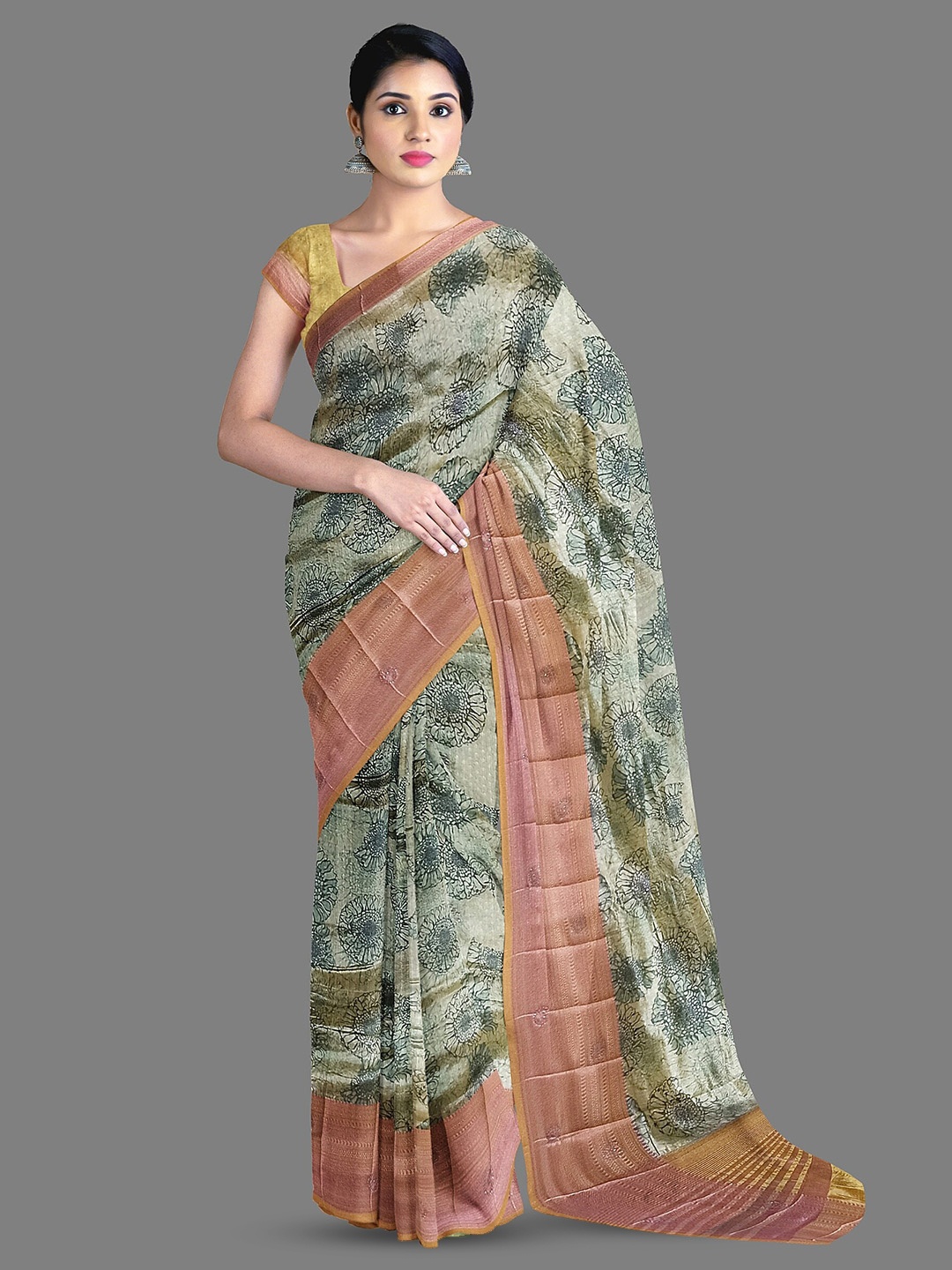 

The Chennai Silks Foral Printed Zari Jute Cotton Saree, Green