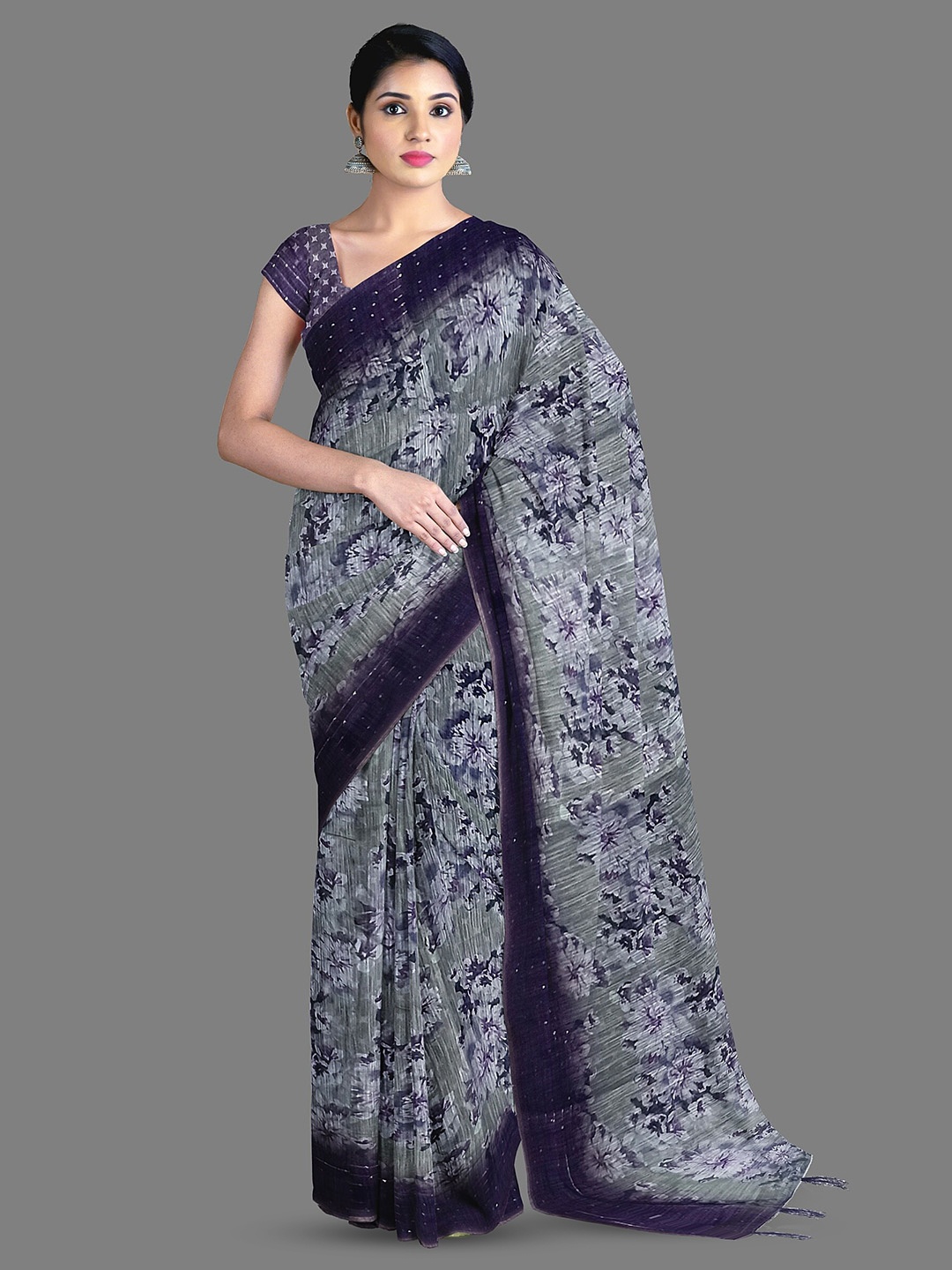 

The Chennai Silks Floral Pure Cotton Chanderi Saree, Grey
