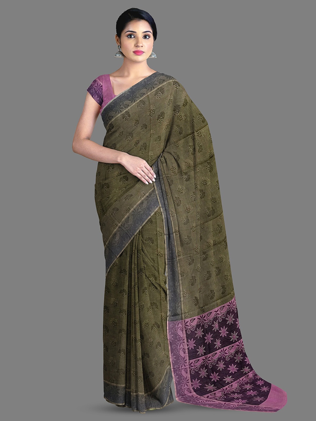 

The Chennai Silks Floral Printed Pure Cotton Kovai Saree, Brown