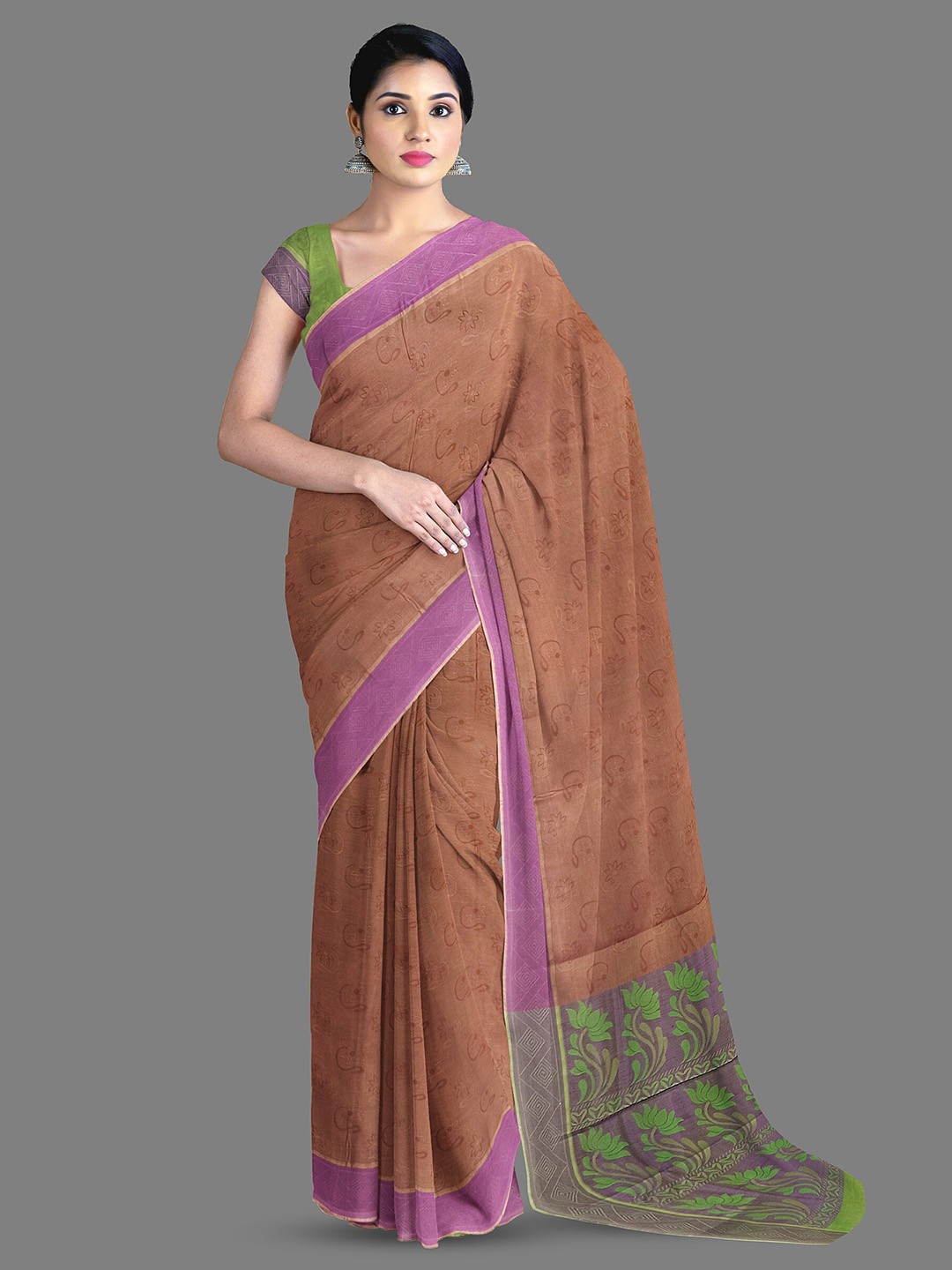 

The Chennai Silks Floral Woven Design Pure Cotton Kovai Saree, Brown