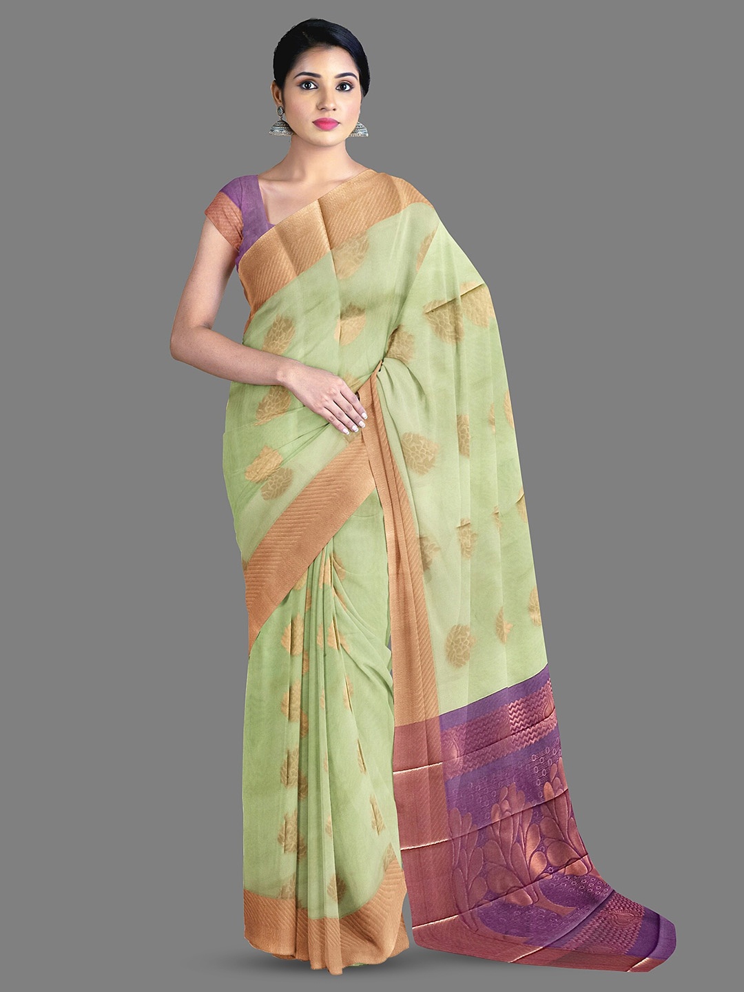 

The Chennai Silks Ethnic Motif Woven Design Zari Silk Cotton Maheshwari Saree, Green