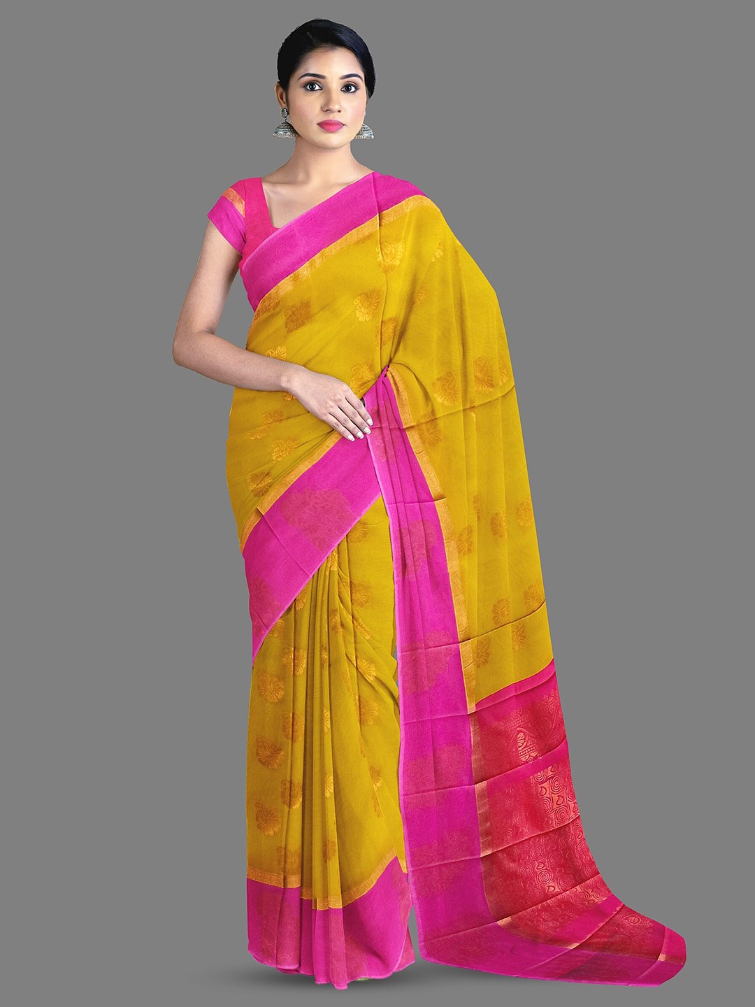 

The Chennai Silks Ethnic Motifs Woven Design Zari Silk Cotton Maheshwari Saree, Yellow