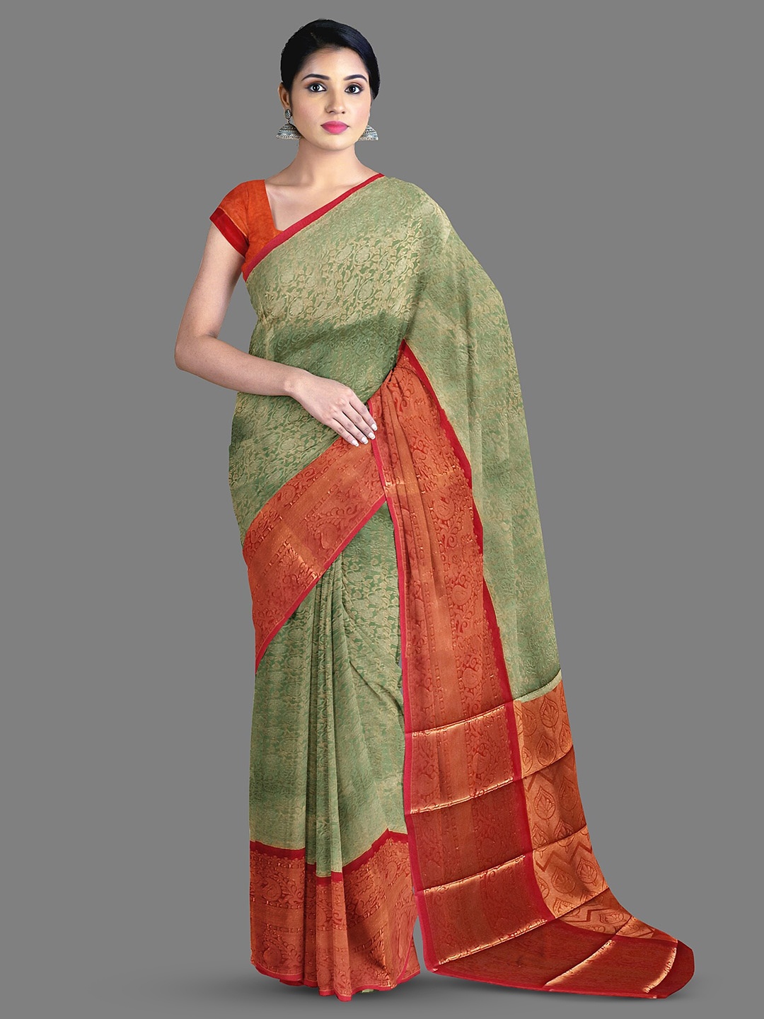 

The Chennai Silks Ethnic Motifs Woven Design Zari Silk Cotton Maheshwari Saree, Green