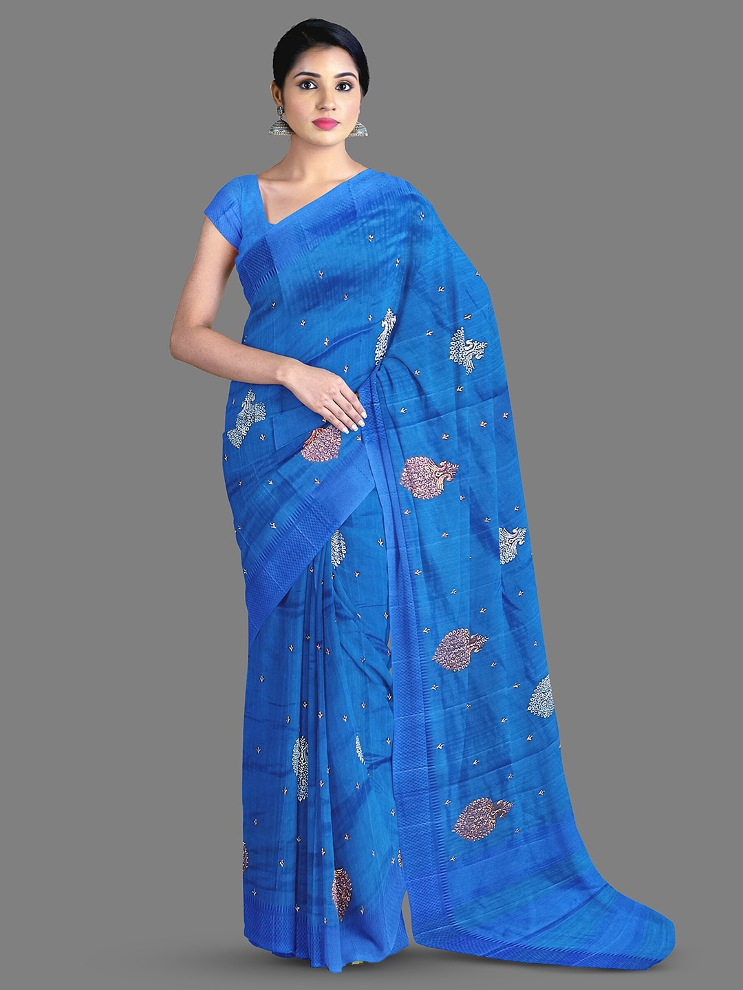 

The Chennai Silks Ethnic Motifs Embroidered Chanderi Saree, Blue