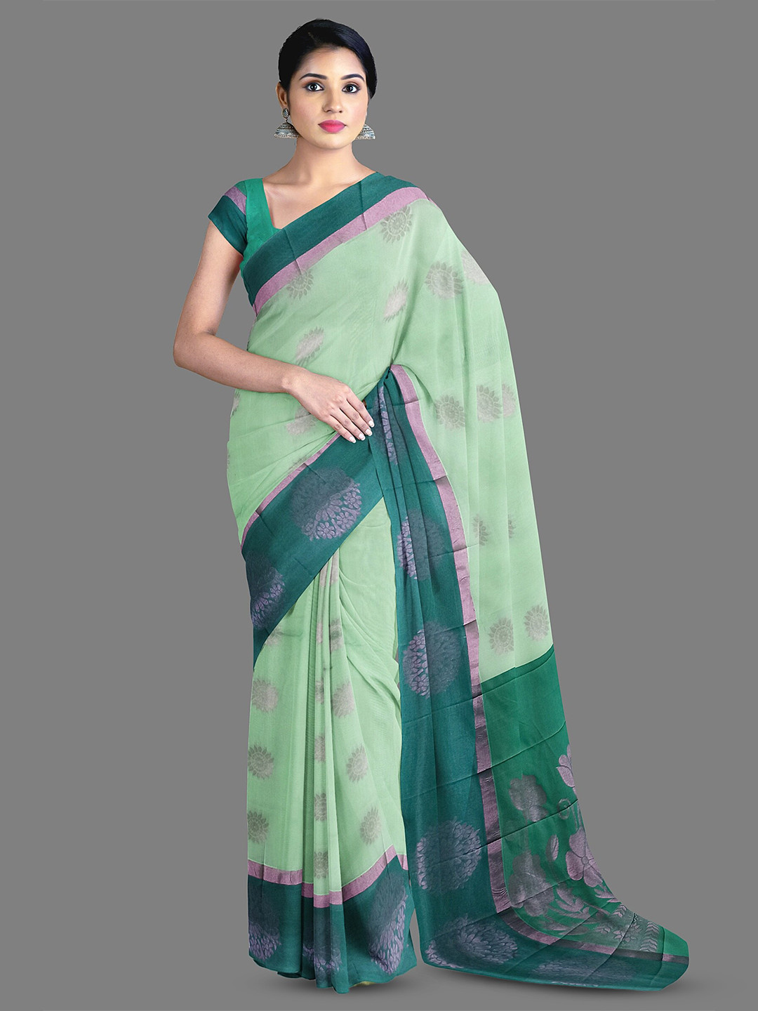 

The Chennai Silks Ethnic Motifs Zari Silk Cotton Maheshwari Saree, Green