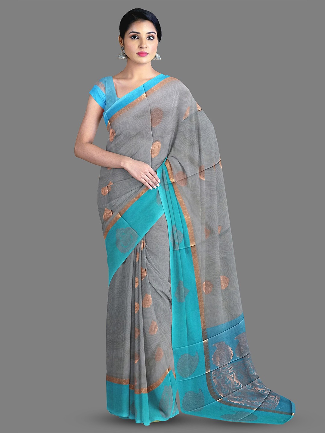 

The Chennai Silks Ethnic Motif Woven Design Zari Silk Cotton Maheshwari Saree, Grey
