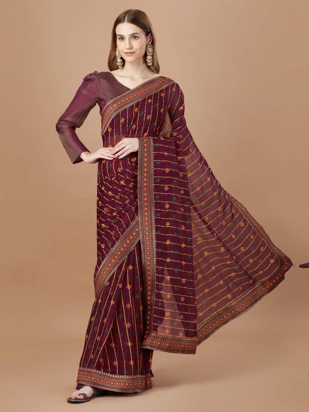 

Indian Women Bandhani Woven Design Zari Pure Chiffon Saree, Magenta