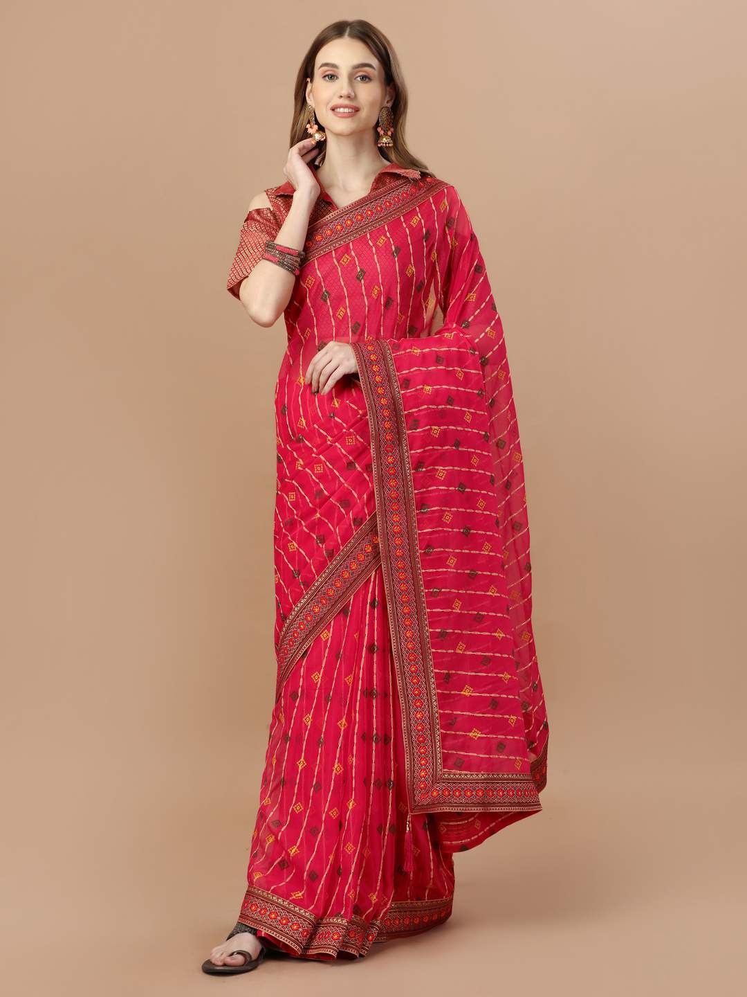 

Indian Women Bandhani Woven Design Pure Chiffon Saree, Pink
