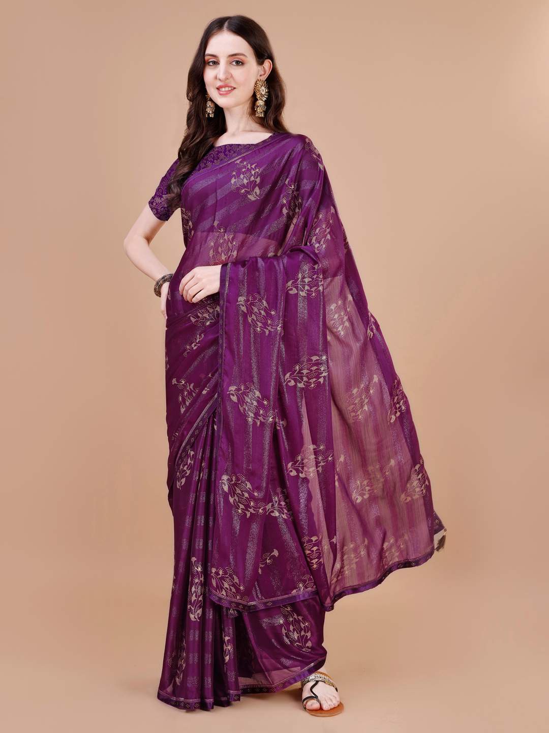 

Indian Women Ethnic Motifs Printed Beads & Stones Pure Chiffon Saree, Purple