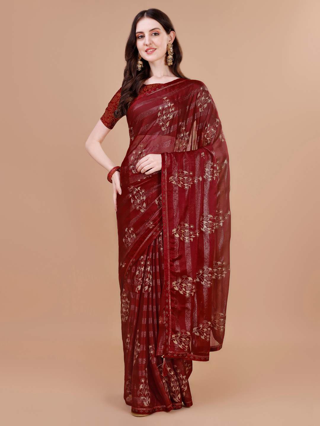 

Indian Women Floral Foil Printed Pure Chiffon Saree, Maroon