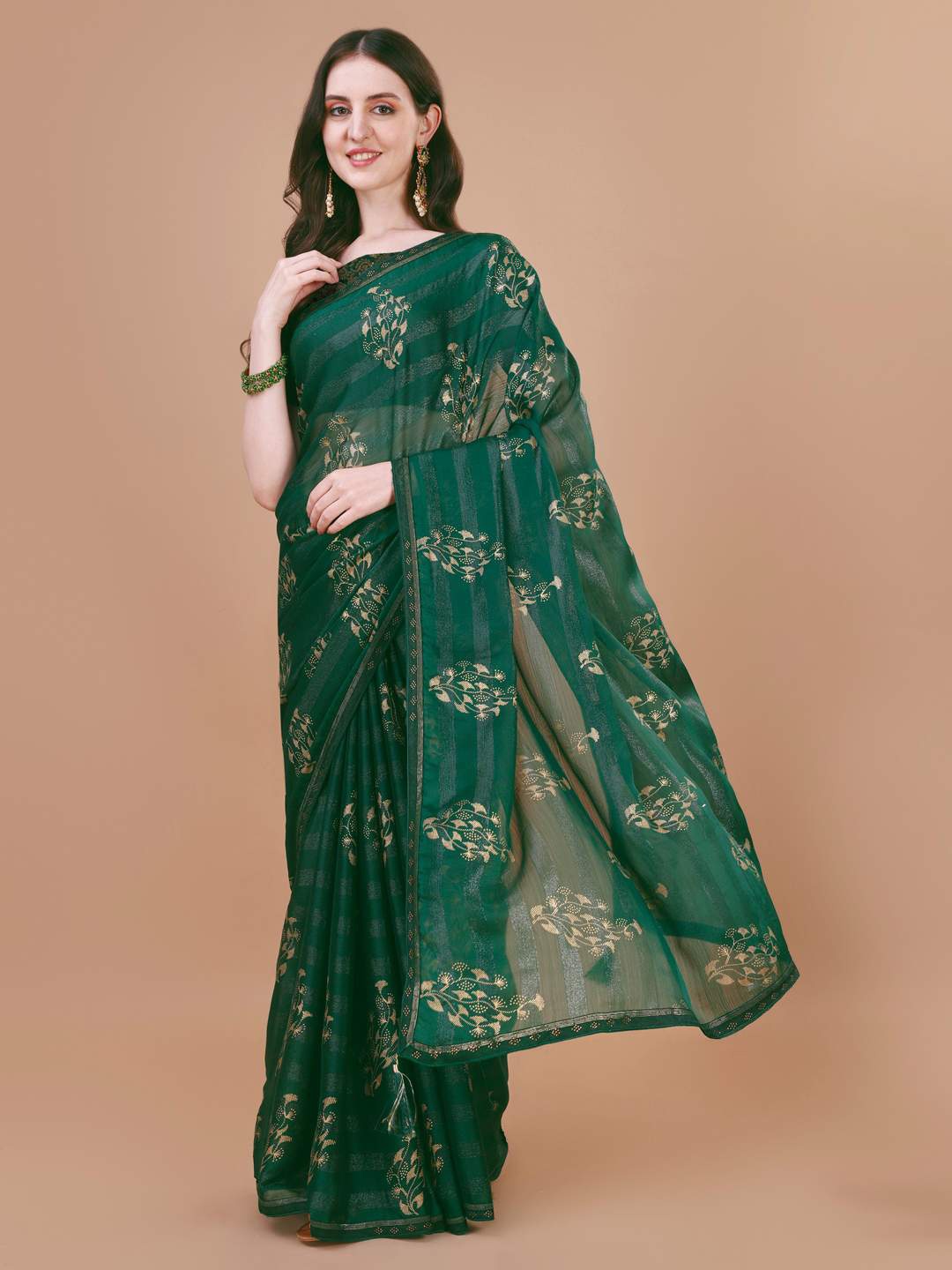 

Indian Women Floral Foil Printed Pure Chiffon Saree, Green