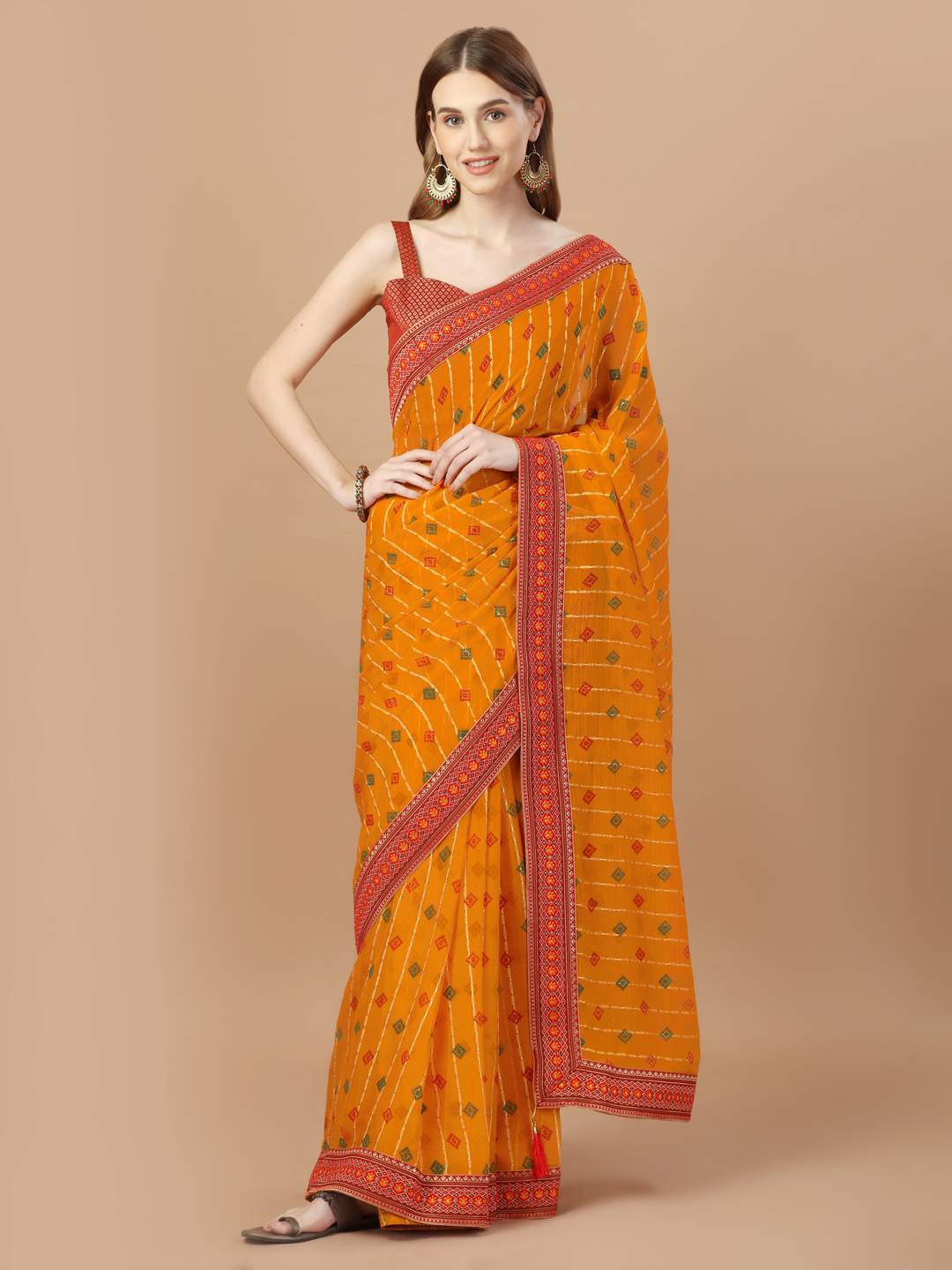 

Indian Women Bandhani Foil Printed Zari Pure Chiffon Saree, Orange