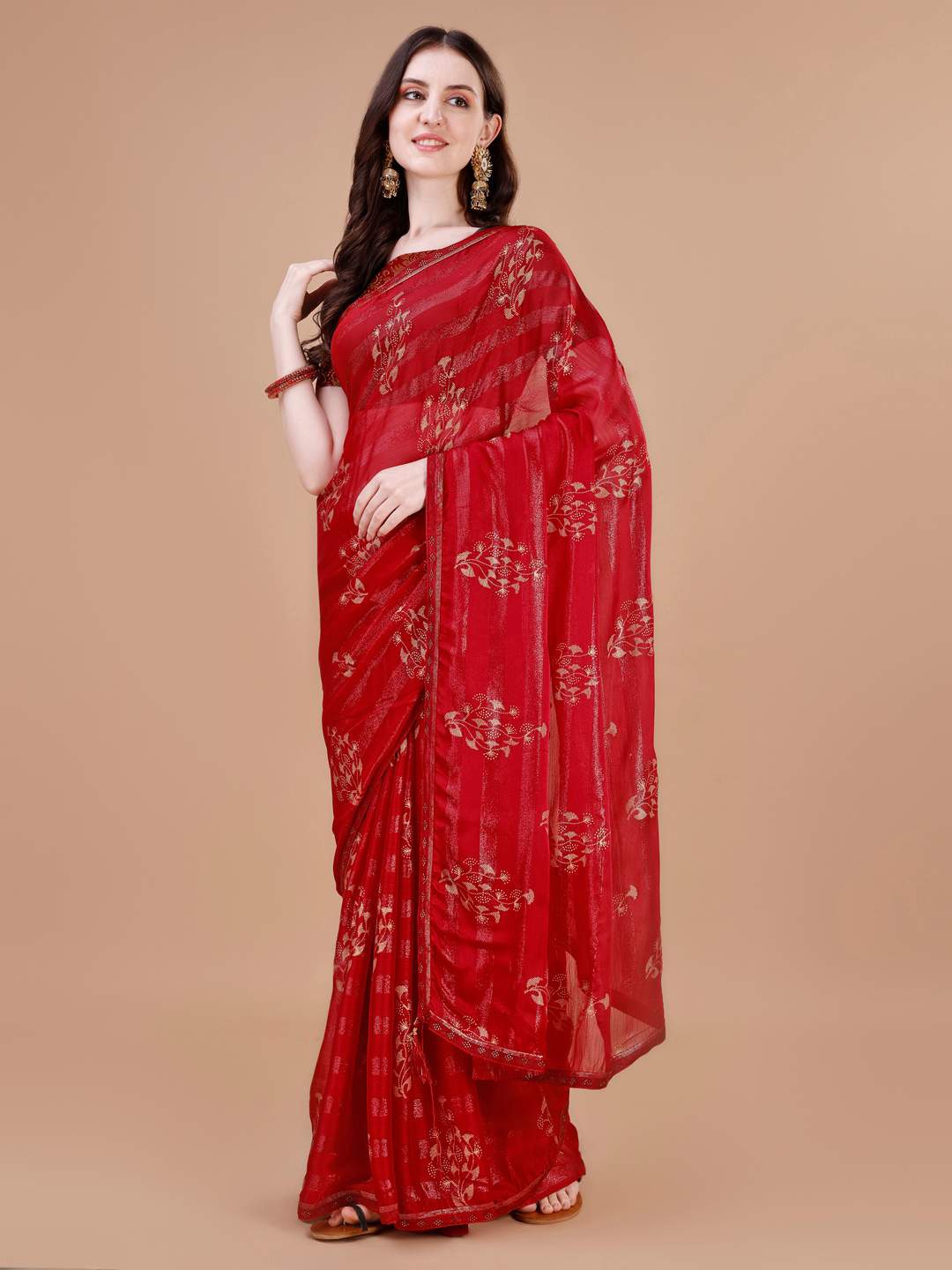 

Indian Women Floral Printed Pure Chiffon Saree, Red