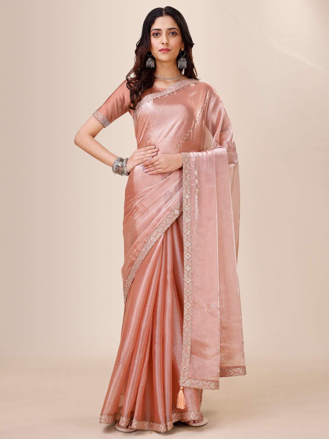 

Indian Women Embellished Sequinned Silk Cotton Saree, Peach