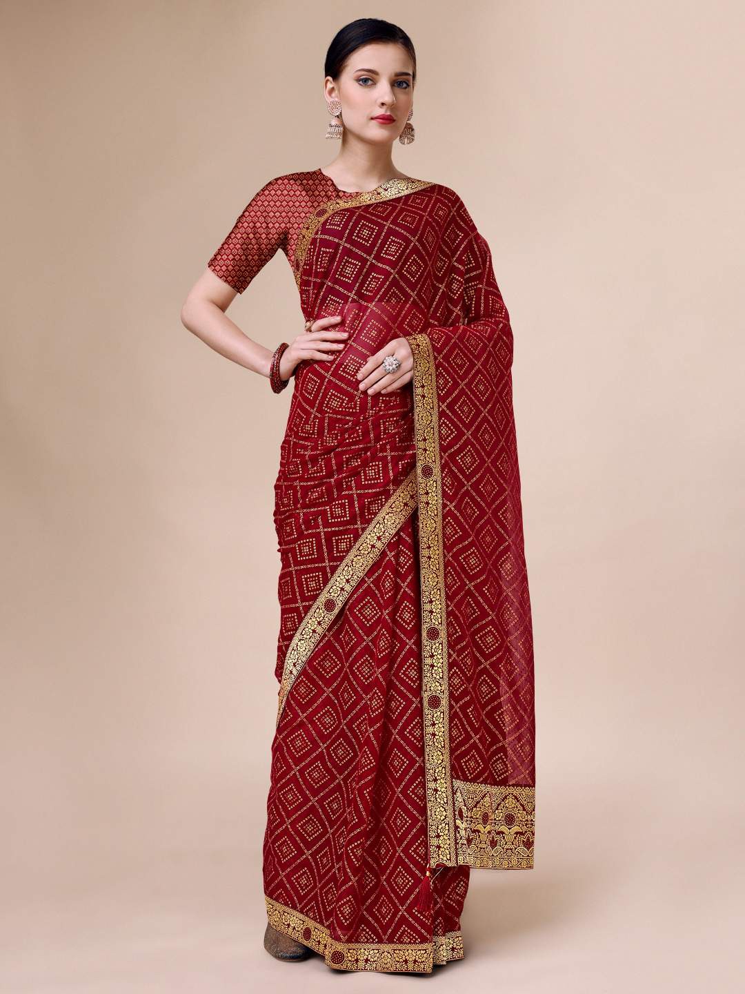 

Indian Women Bandhani Printed Pure Chiffon Saree, Maroon