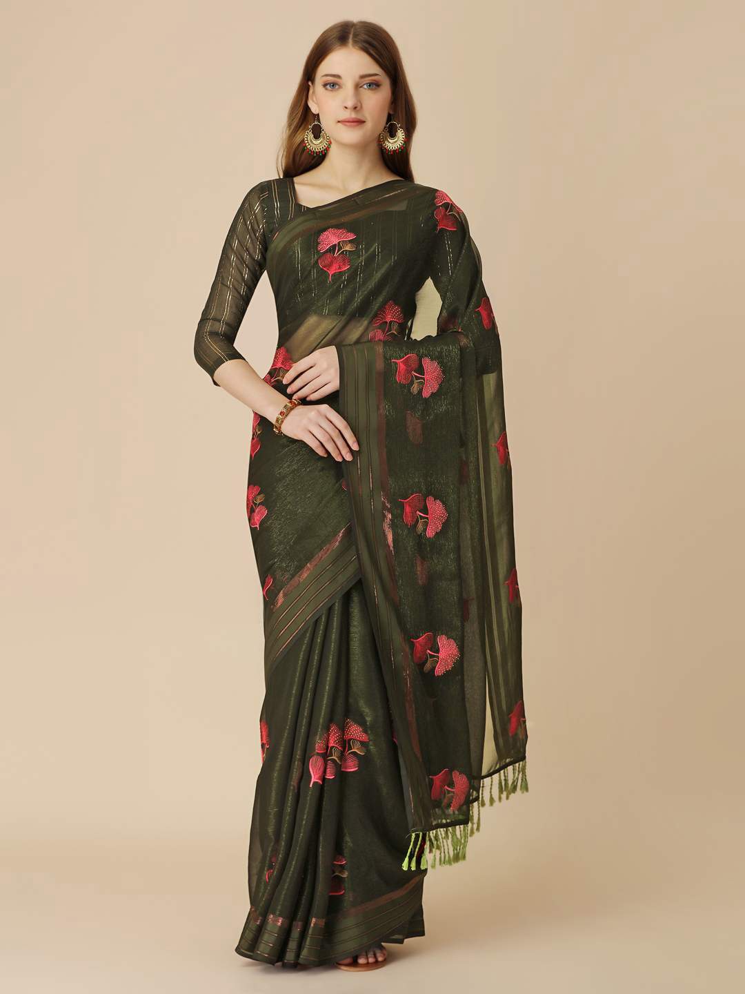 

Indian Women Floral Printed Pure Chiffon Saree, Green