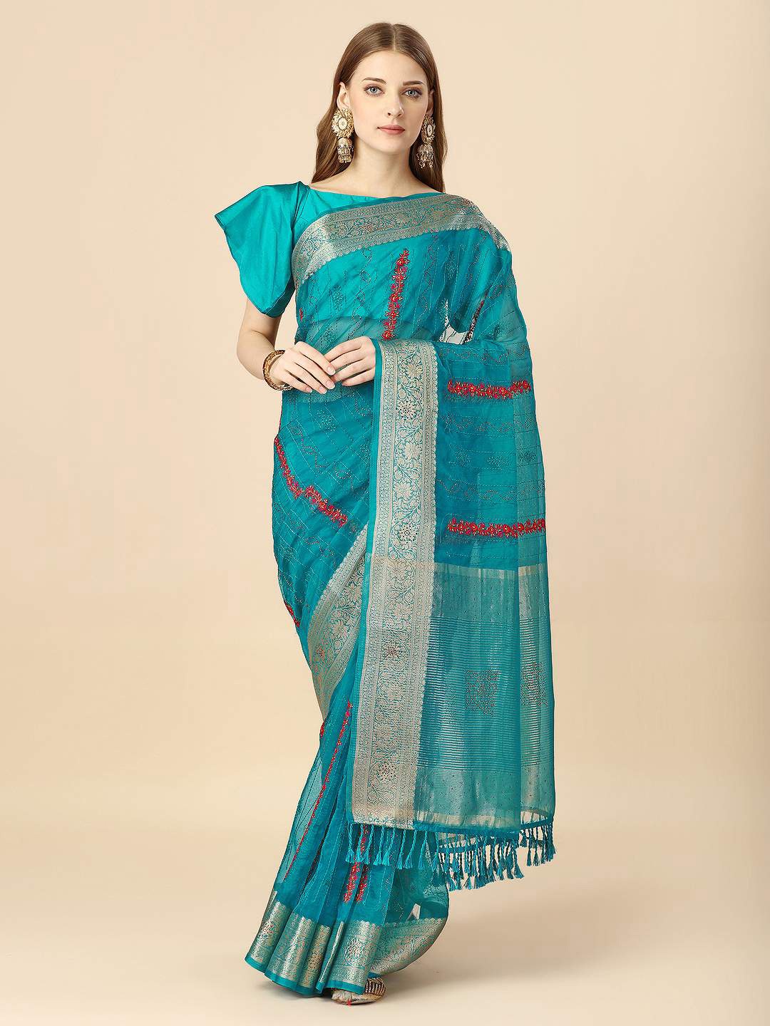

Indian Women Ethnic Motifs Beads & Stones Embroidered Organza Saree, Teal