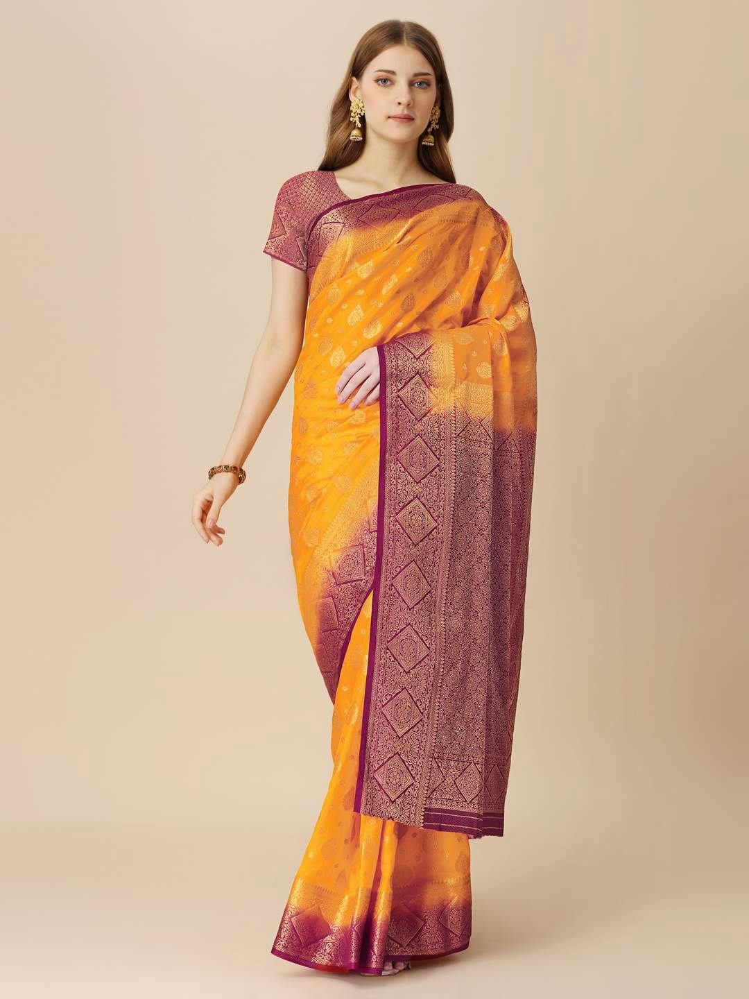 

Indian Women Ethnic Motifs Woven Design Zari Saree, Yellow