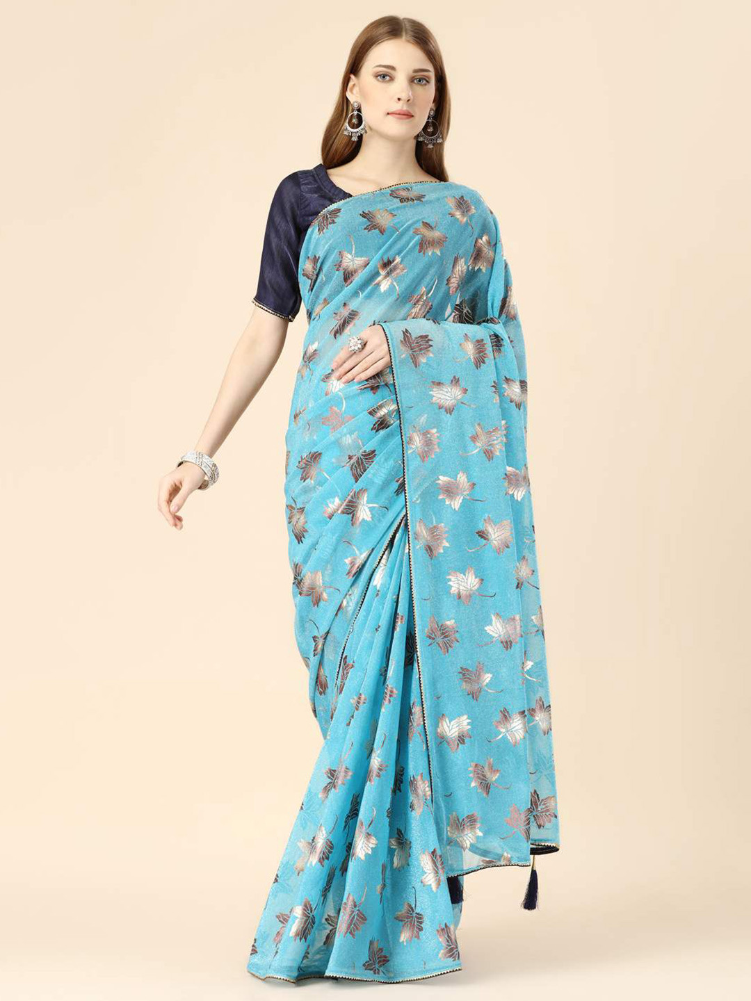 

Indian Women Floral Foil Printed Saree, Blue