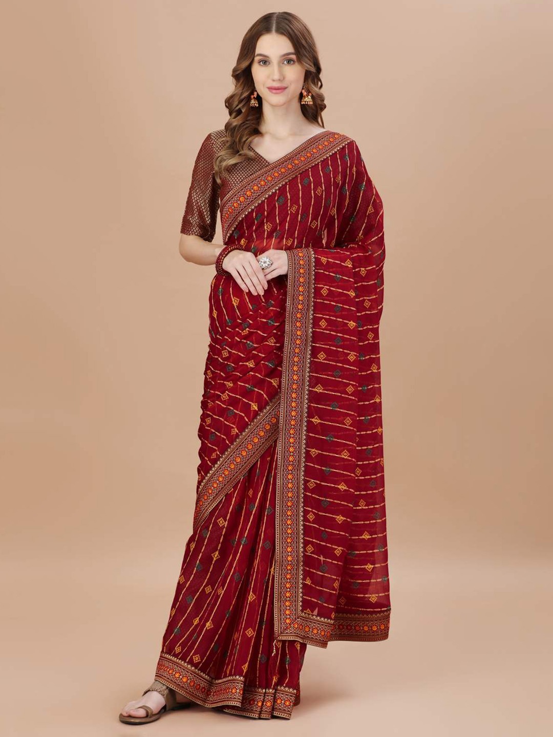 

Indian Women Ethnic Motifs Foil Printed Pure Chiffon Saree, Maroon