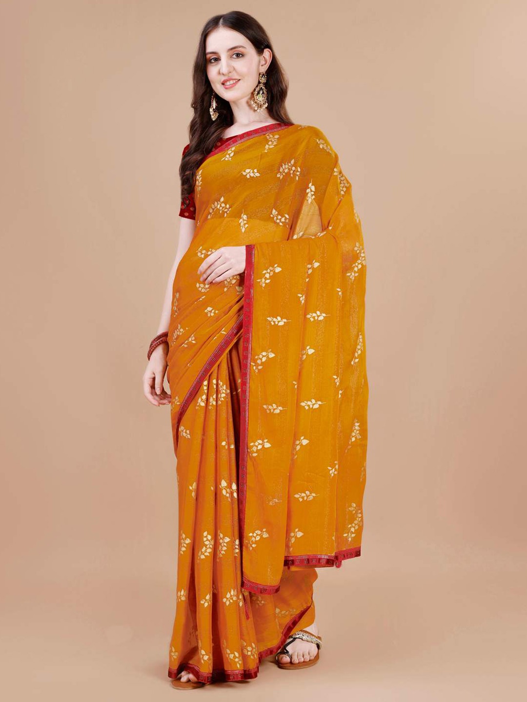 

Indian Women Floral Foil Printed Pure Chiffon Saree, Mustard