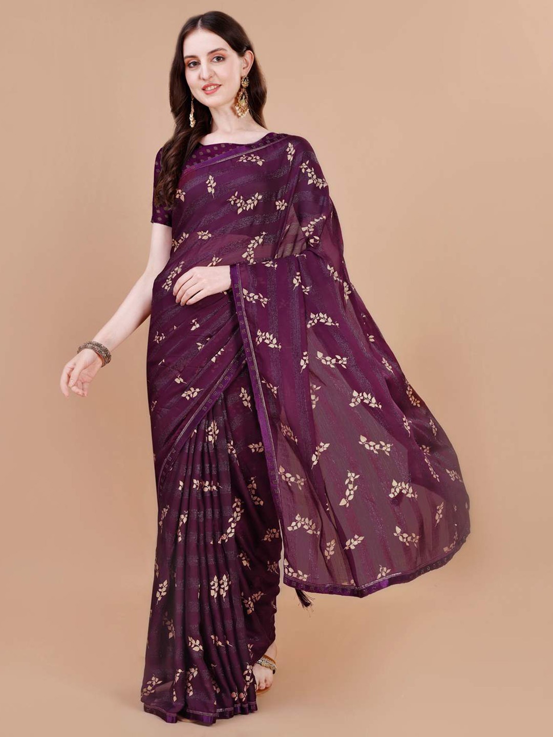 

Indian Women Ethnic Motifs Foil Printed Pure Chiffon Saree, Purple