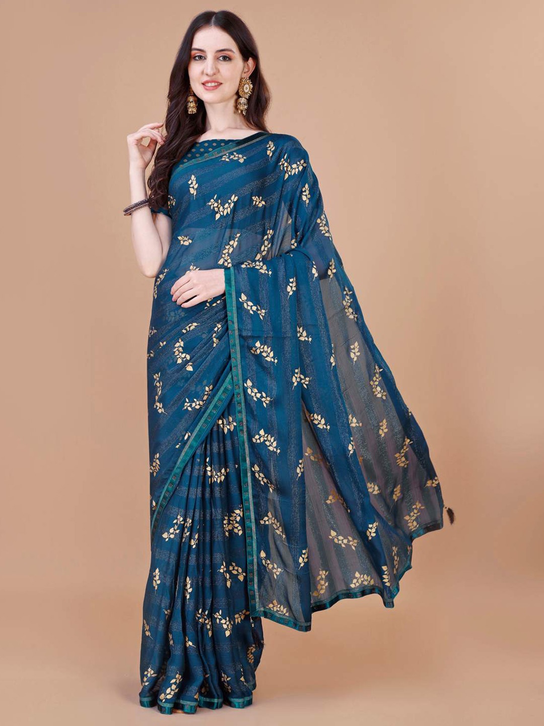 

Indian Women Floral Foil Printed Pure Chiffon Saree, Navy blue