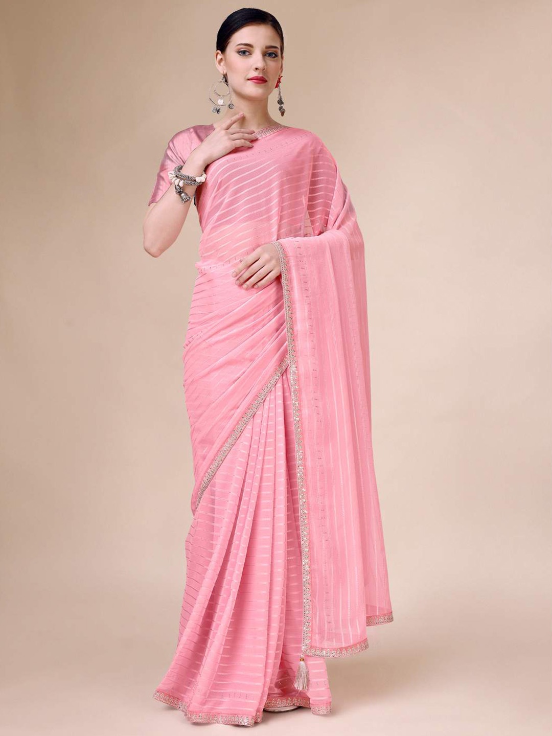 

Indian Women Striped Sequinned Saree, Pink