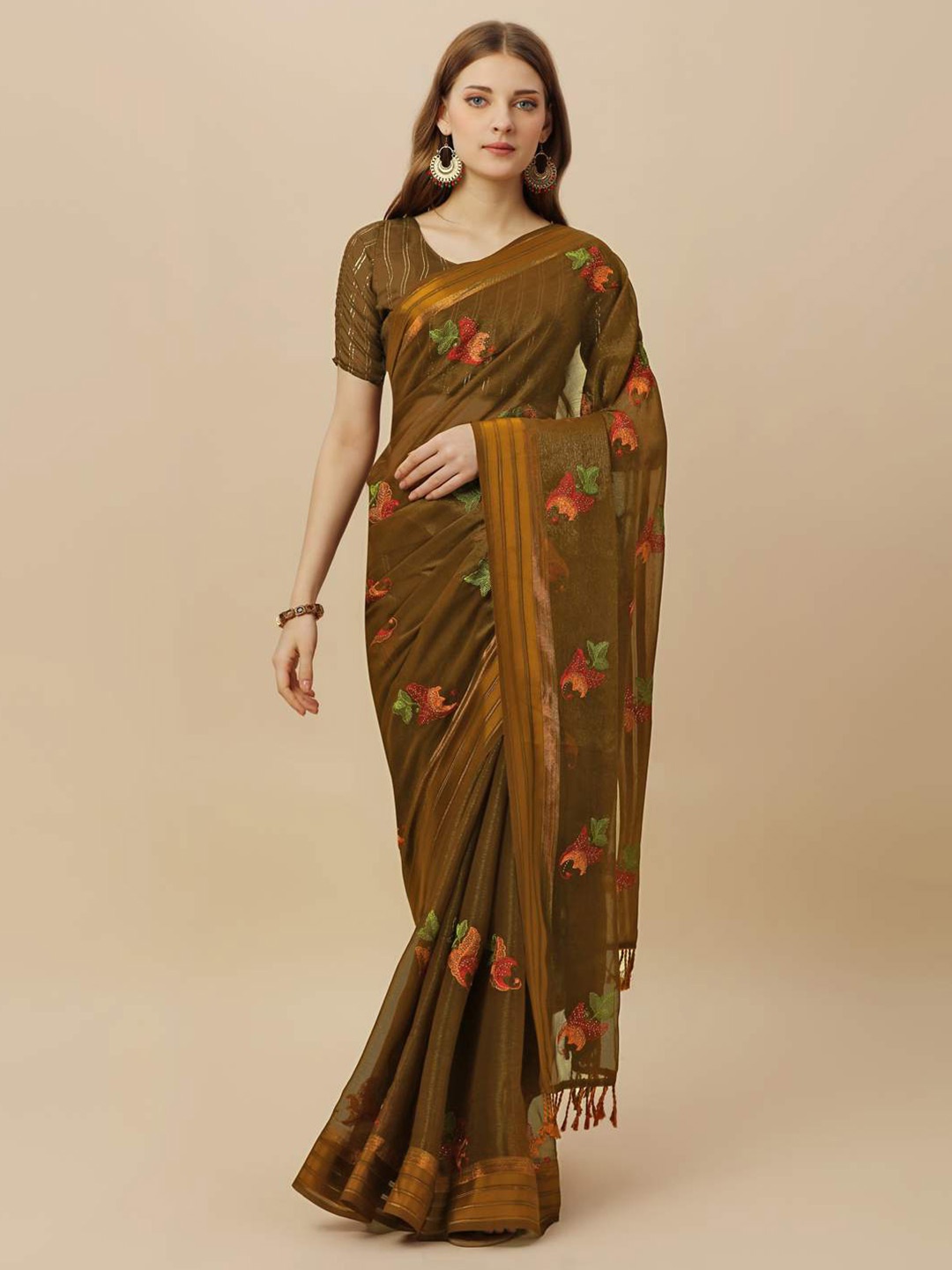 

Indian Women Floral Embroidered Zari Pure Chiffon Saree, Coffee brown