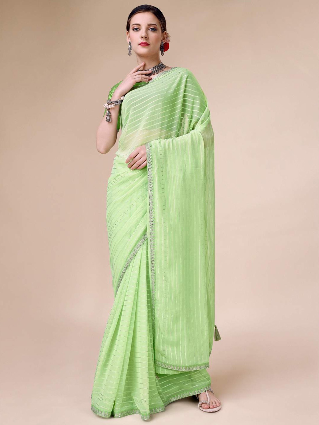 

Indian Women Striped Embroidered Saree, Green