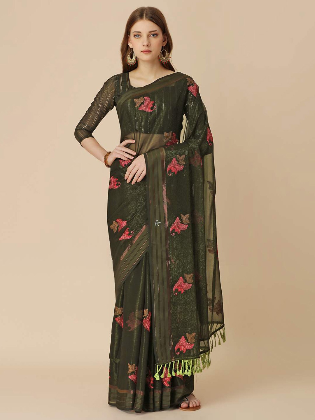 

Indian Women Floral Embroidered Sequinned Pure Chiffon Saree, Green