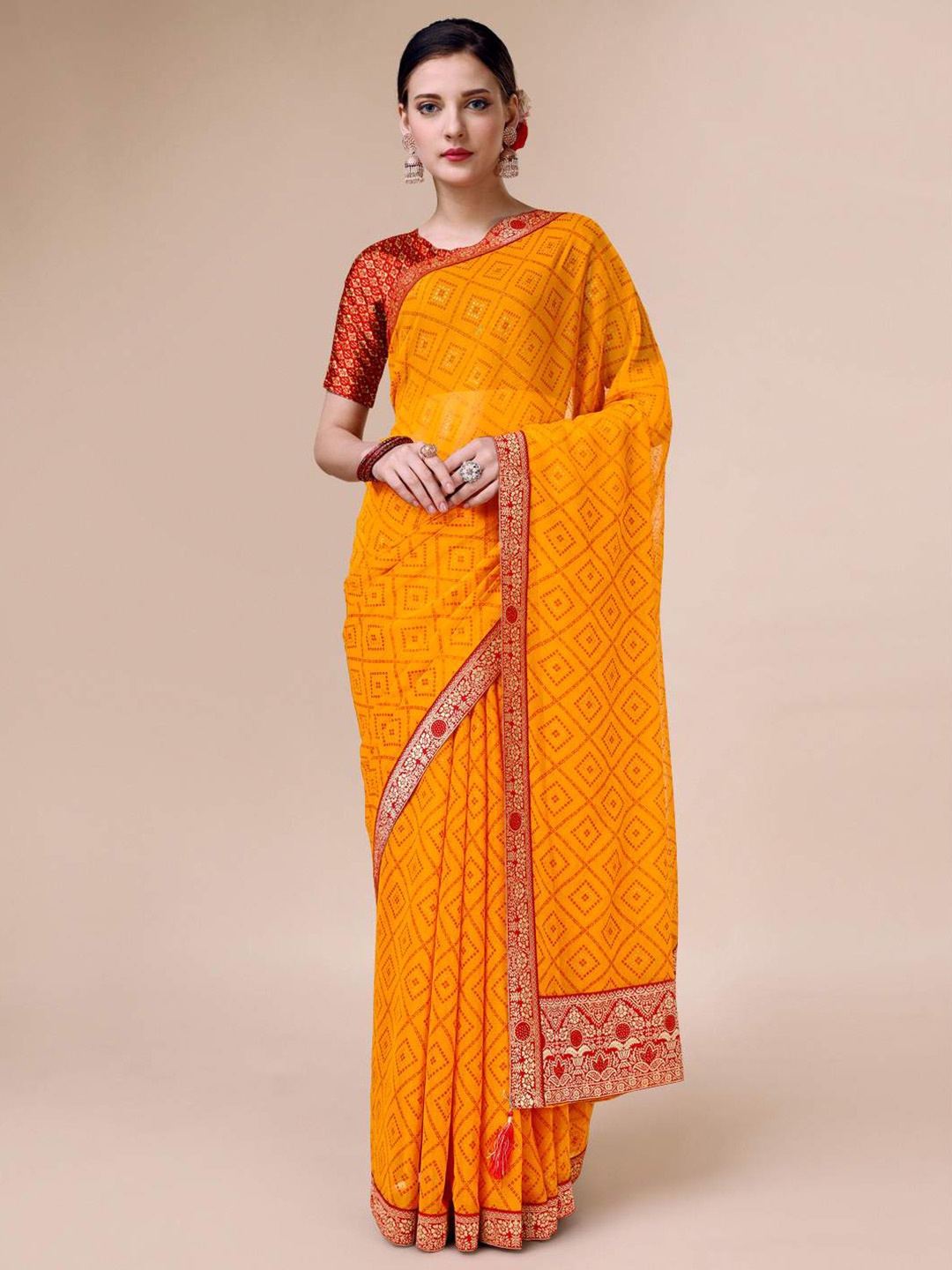 Indian Women Bandhani Printed Zari Pure Chiffon Saree, Yellow