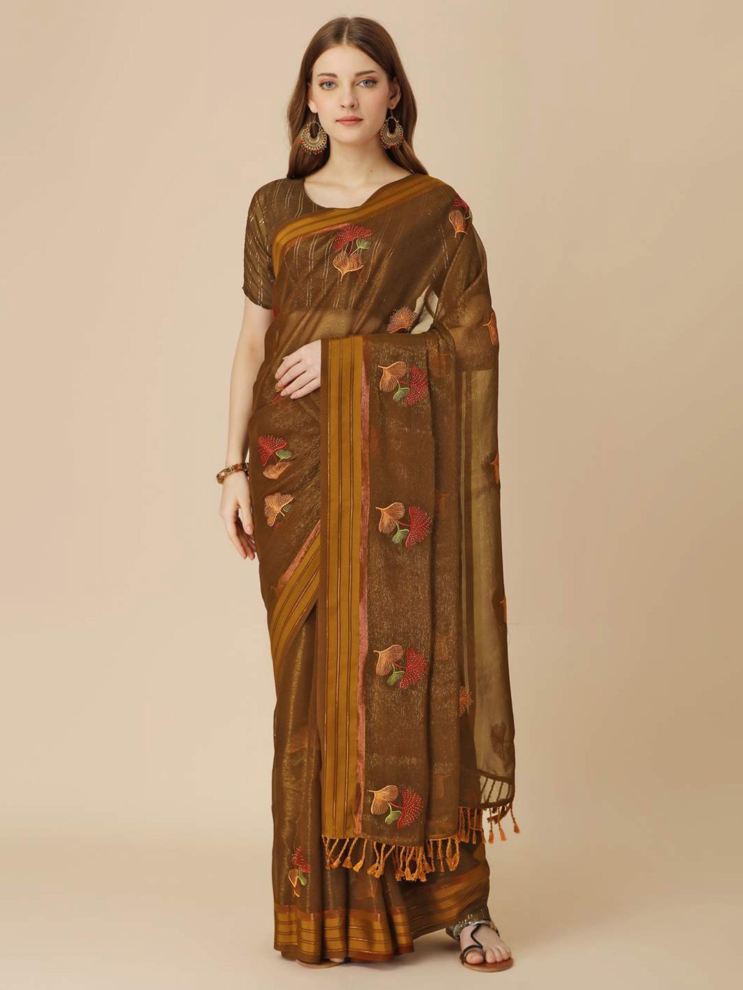 

Indian Women Floral Embroidered Sequinned Pure Chiffon Saree, Coffee brown