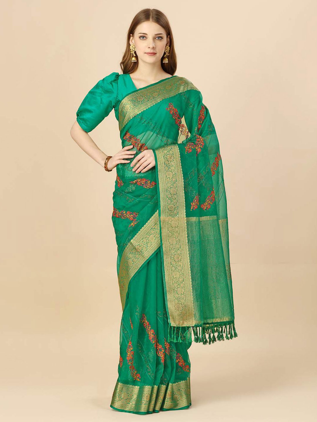 

Indian Women Ethnic Motifs Woven Design Sequinned Organza Saree, Green